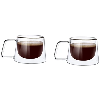 2 Set Çift Duvarlı Kahve kulplu kupa, Bulaşık Makinesinde Yıkanabilir ve ısıya Dayanıklı Şeffaf Kupa Sıcak İçecekler İçin