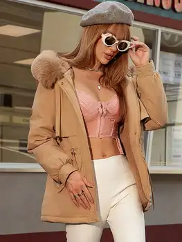 2023 Kadın Moda İpli Bel Flap Cep Zip Bulanık Trim kapüşonlu parka Ceket Kış Kalın Sıcak Kar Giyim Ceket Mujer