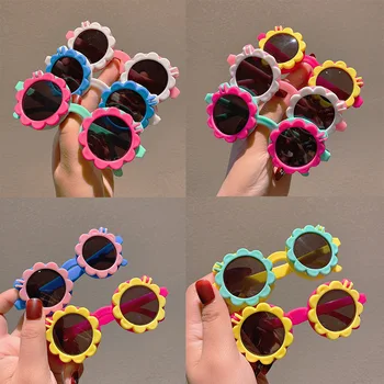 2023 Çocuk Sevimli Karikatür Çiçek Kalp Yeni Güneş Gözlüğü Çocuklar Yuvarlak Gözlük Bebek Moda Renk Güneş Gözlüğü Erkek Kız Gözlük