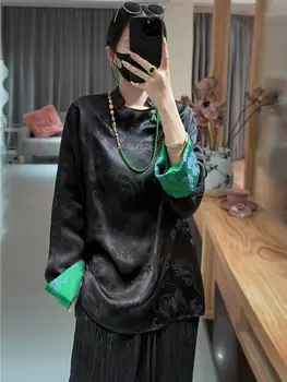 2024 çin geleneksel bluz kadınlar vintage giyim kadın uzun kollu cheongsam bluz çiçek bayan günlük siyah tangsuits üst