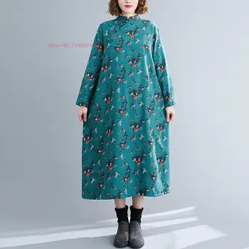 2024 çin vintage cheongsam elbise ulusal çiçek baskı geliştirilmiş pamuk keten qipao polar astarlı elbise kalınlaşmak halk qipao