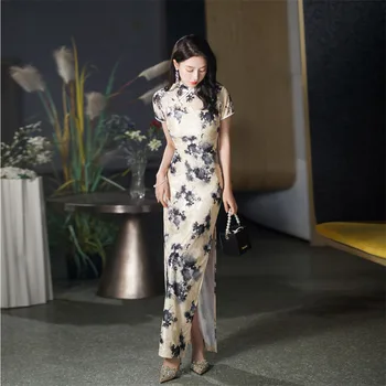 4 Renkler Geliştirilmiş Uzun Cheongsam Qipao Moda Dantel Kadınlar Çiçek Elbise Ince Düğün Parti Kostüm Vintage Yaz Elbiseler