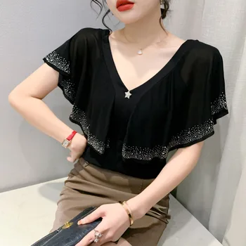 #6251 Siyah Kırmızı Örgü T Shirt Kadın Ruffles Elmas Kore Moda kısa tişört Kadın Seksi Üstleri Streetwear Tee V Yaka Yaz