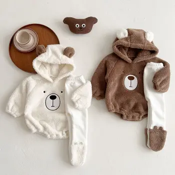 Bebek Giysileri Sevimli Kapşonlu Ayı Bebek Kış Artı Kadife Elbise Emekleme Giysileri Sıcak Çift taraflı Kadife Çanta Osuruk Giysileri
