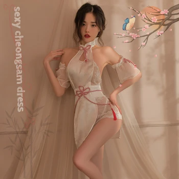 Beyaz Gelenek Cheongsam Etek İçi Boş İç Çamaşırı Gecelik Seksi Çin Qipao Elbise Backless Yüksek Bölünmüş Cosplay Kostümleri Kol Bandı
