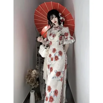 Gotik Tarzı Gül Baskılı Dantel Dikiş Yan Yarık Cheongsam Elbise Kadınlar Geliştirilmiş Çin Tarzı Lolita Elbiseler Qipao Vestidos
