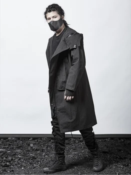 Japon Koyu Trençkot Kişilik Pelerin kapüşonlu ceket erkek Moda Asimetrik Tasarım Diz Üzerinde Elbise