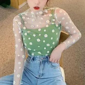 Kadın Papatya Baskı Dantel Şeffaf Üstleri Seksi Tees Uzun Kollu İnce Örgü Gömlek Moda Bayan Üst 2023 Yaz Güneş Koruyucu Bluz Blusas