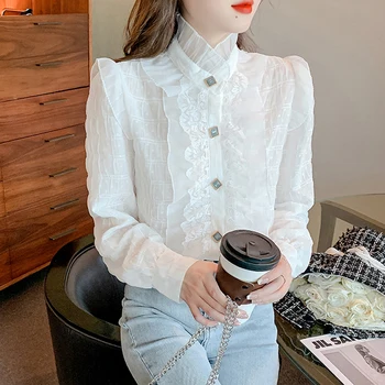 Moda Dantel Şifon Gömlek Kore Uzun Kollu Beyaz Üstleri Zarif Giysiler 2023 Bahar Standı Yaka Fırfır Dantel Bluz Kadınlar 18874