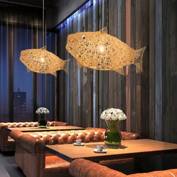 Modern 110V kolye ışık ünitesi tavan lambası geleneksel halk el dokuması avize hasır Rattan balık gölge asılı fikstür