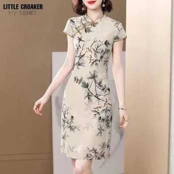 Yeni Stil Bel Sarılmış Büyük Çin Tarzı Elbise Kadınlar için Yaz 300kg Bayan İnce Cheongsam Orta uzun elbise Kadınlar için