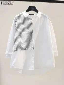 ZANZEA Kadın Moda Yaka Boyun Gömlek Sonbahar Şerit Patchwork Bluz Uzun Kollu Düğme Aşağı Gömlek Femme Casual Tops Büyük Boy