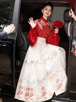 Çin düğün elbisesi at yüz elbise kız düğün nişan elbise seti Kadın Hanfu baskılı nakış