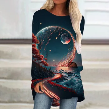Çok yönlü Desen Dijital 3D Baskı Kadın T Shirt Zarif Yeni Tasarım Rahat Bahar Sonbahar Uzun Kollu O-Boyun kadın kıyafetleri